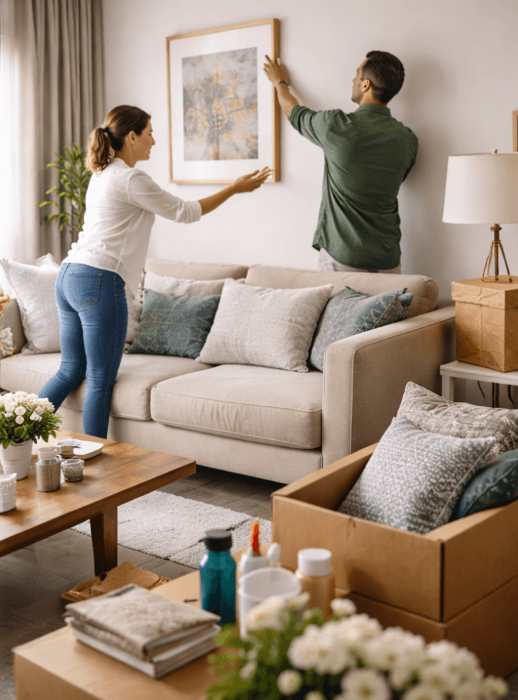 Couple installant un cadre dans leur nouveau logement apres une vente