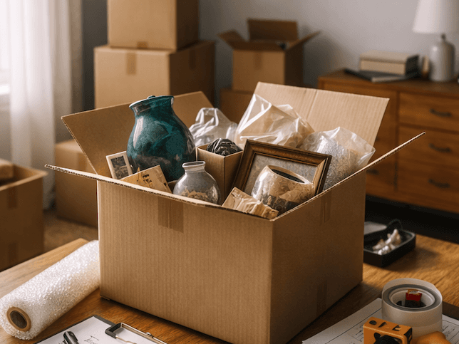 Carton rempli d objets a trier avant mise en vente