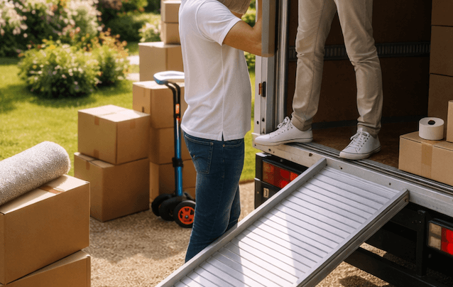 Chargement de cartons dans un camion de demenagement
