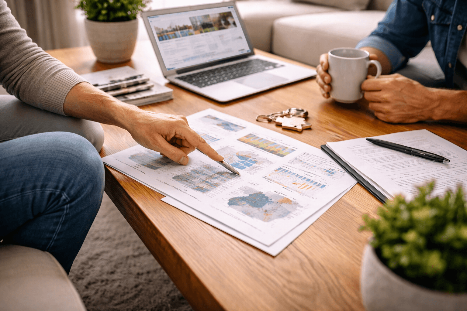 Couple analysant des documents immobiliers et cartes du marche autour d un cafe