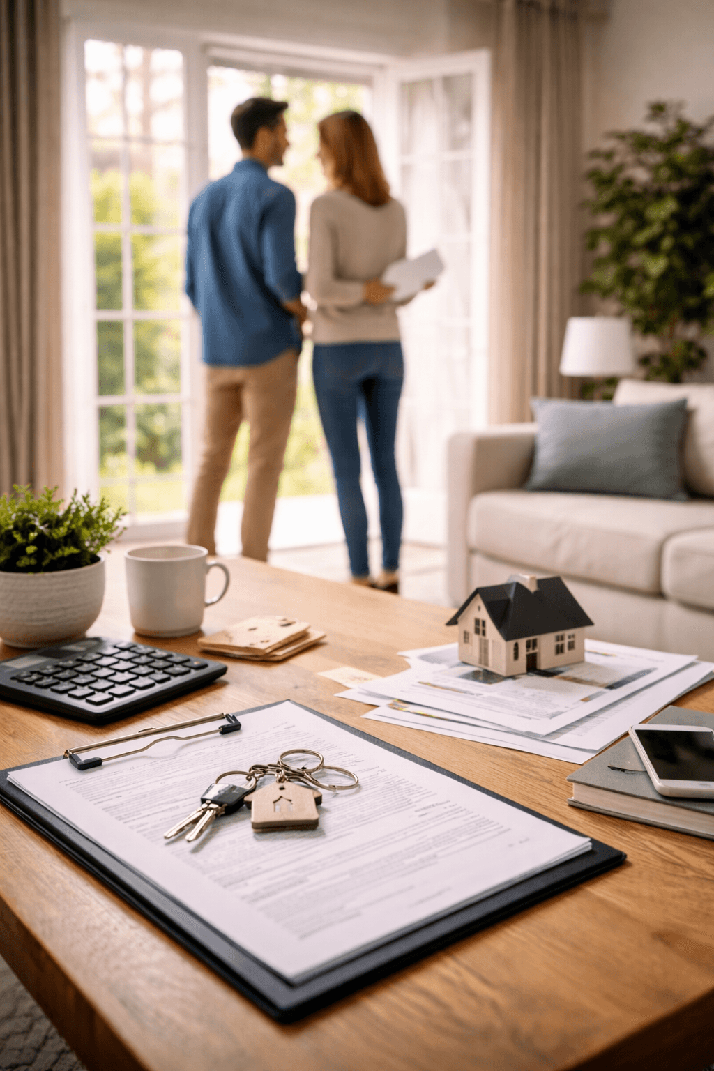 Couple de vendeurs avec cles et documents immobiliers sur la table