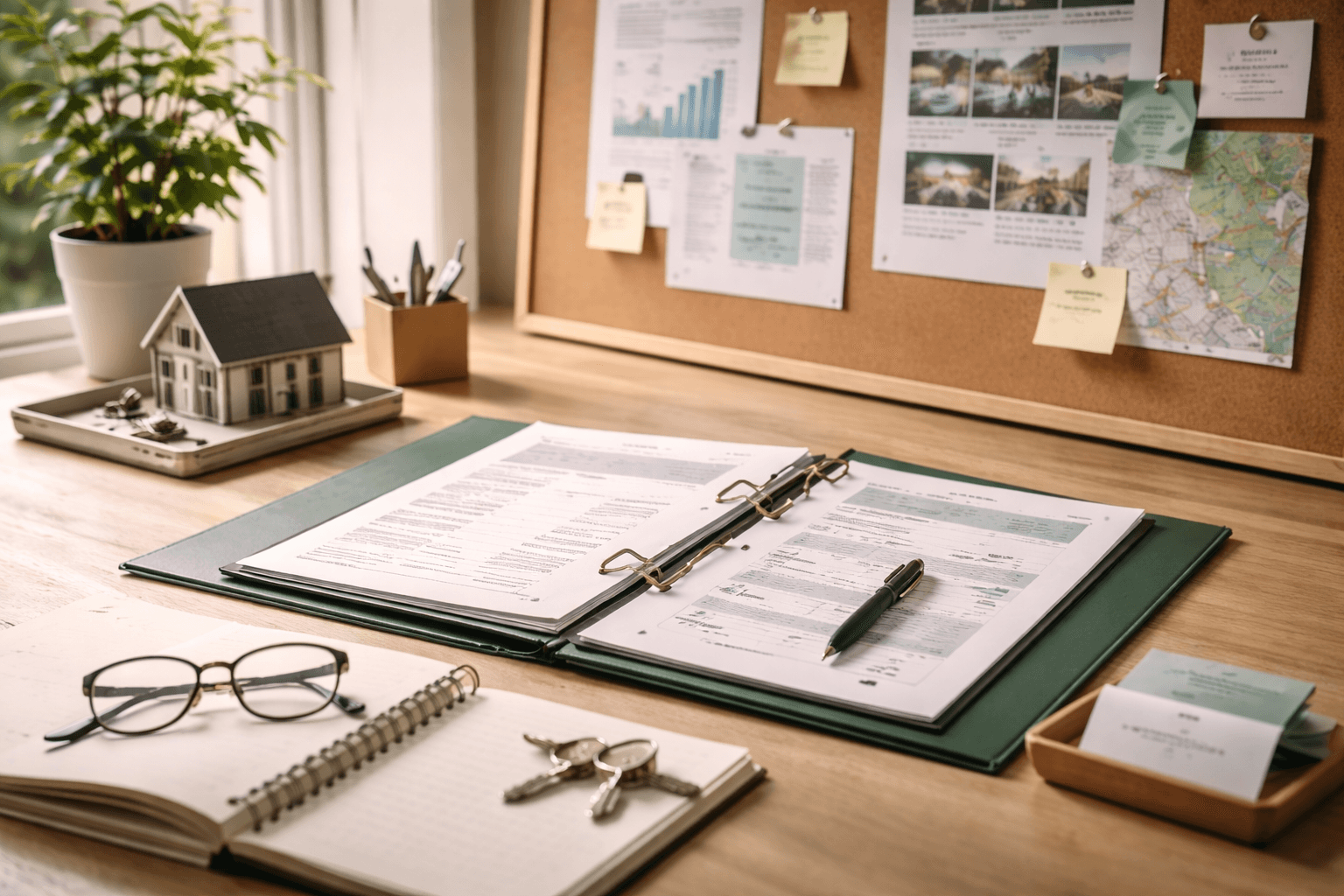 Bureau avec dossier immobilier, documents et maquette de maison