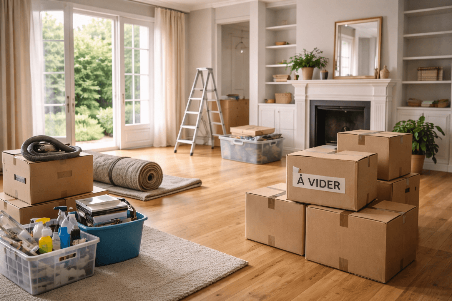 Salon en cours de debarras avec cartons et affaires a vider avant mise en vente