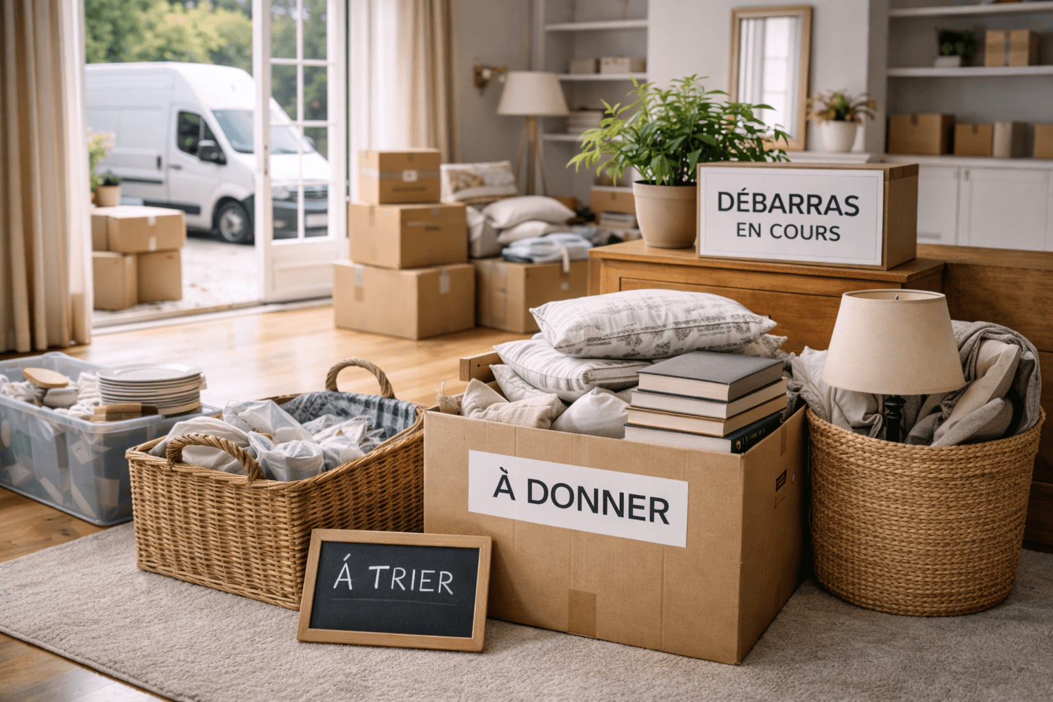 Debarras en cours avec cartons a donner et a trier dans un salon avant vente immobiliere