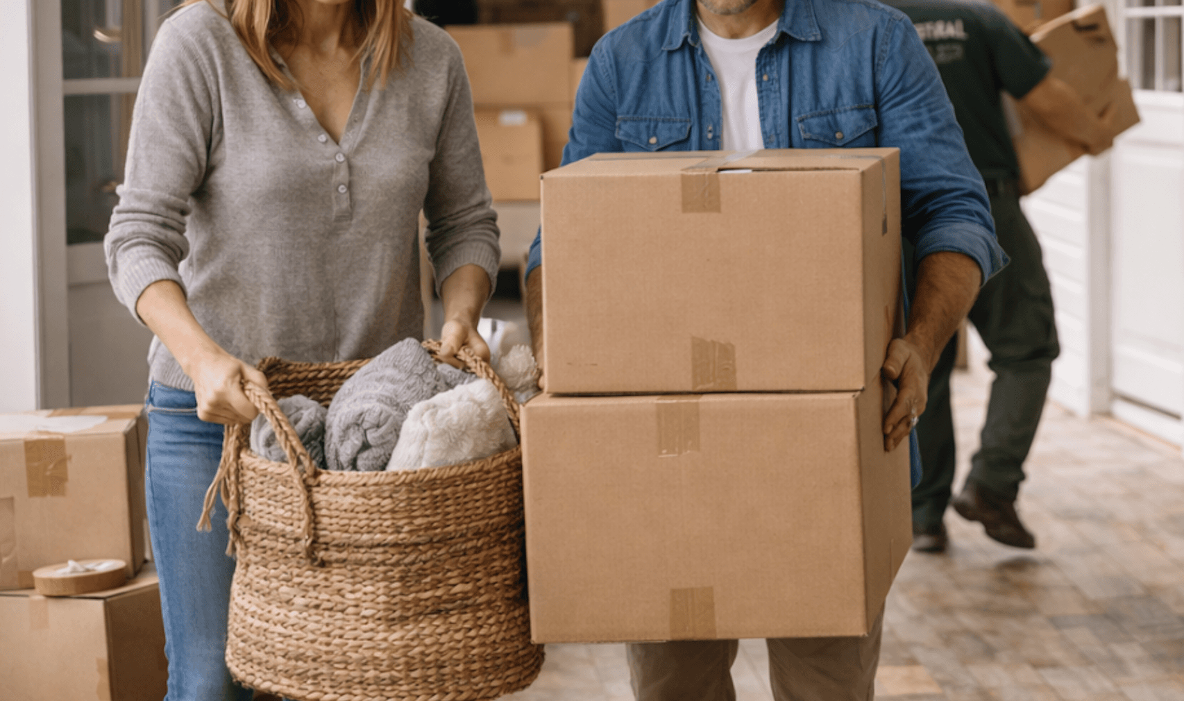 Couple portant des cartons lors du demenagement apres une vente immobiliere