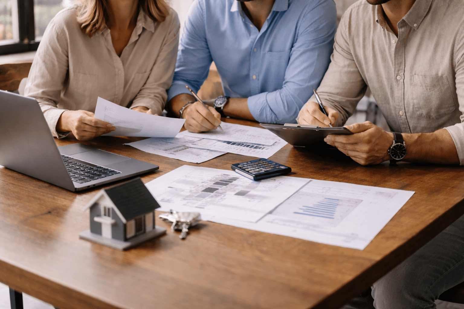 Equipe Integraal Immobilier en reunion autour de documents et plans immobiliers