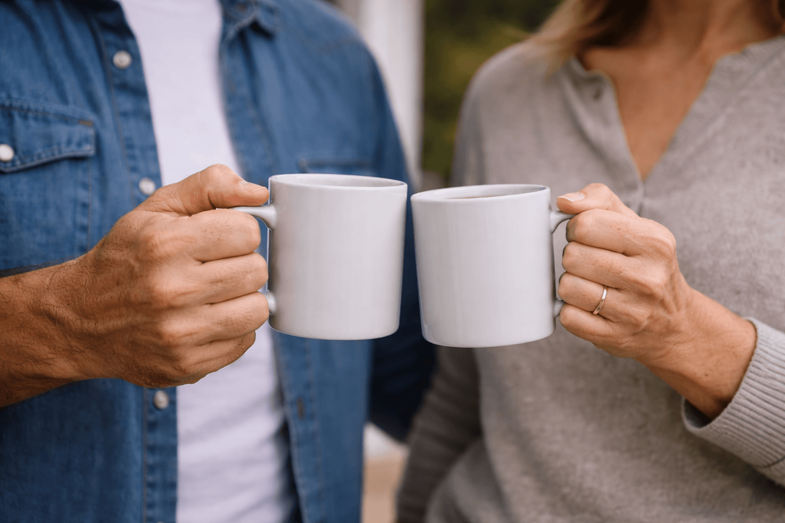 Couple de vendeurs trinquant avec des tasses de cafe apres la vente