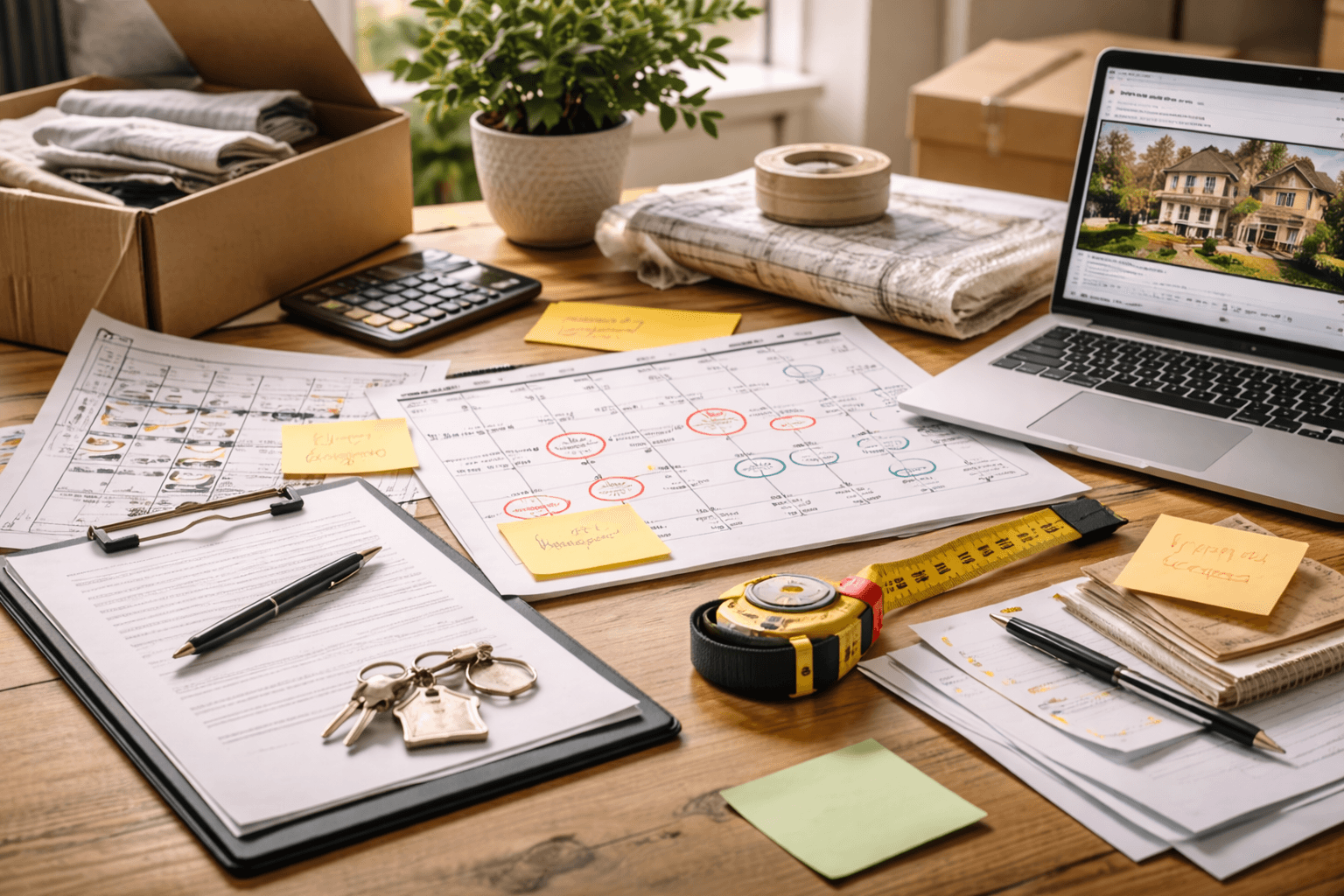 Bureau avec documents, cles, calendrier et ordinateur pour organiser une vente immobiliere