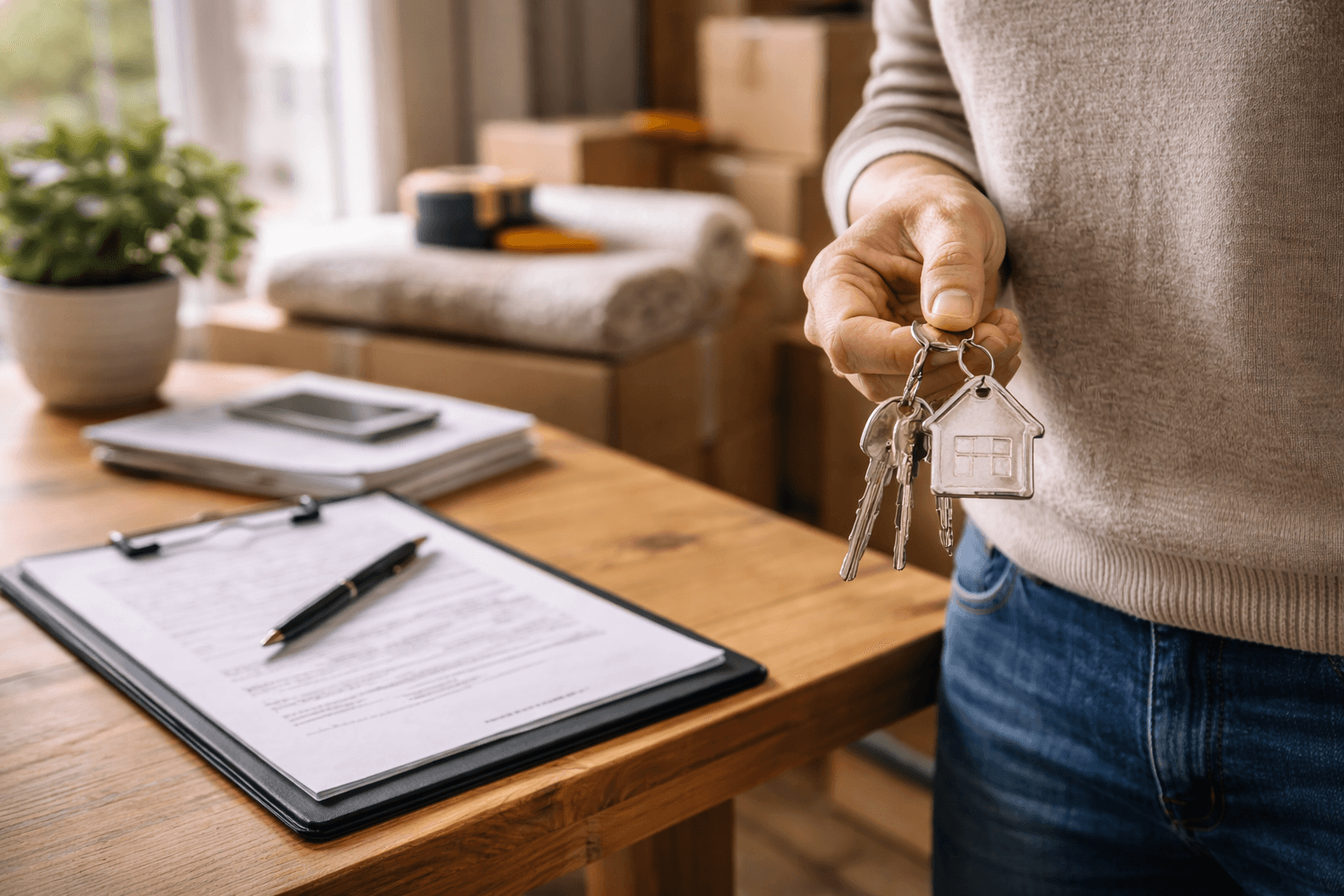 Vendeur tenant des cles de maison avec documents et cartons en arriere-plan